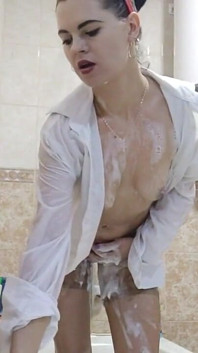 I take a shower, masturbate, pose, play with my holes with a toy and foam, bring myself to orgasm.