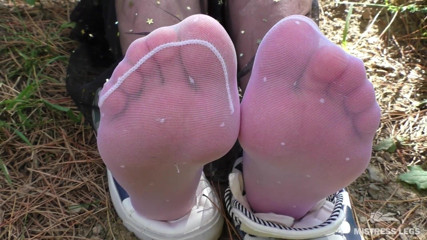 Mistress Legs: Cute Soles and Toes Wiggling in White Nylon Socks in...