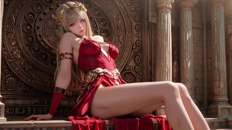 Seraphina Vale: Ratu blonde dalam pakaian merah! Duduk di tepi pancutan air...