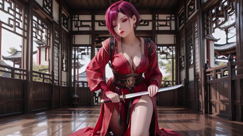 Seraphina Vale: สาวใช้สงครามผมสีม่วงในชุดกิโมโนร่องสูง คุกเข่าหยอกล้อตาด้วยการเฆี่ยนอย่างเร่าเย็นและกระซิบเปียกต้องห้าม