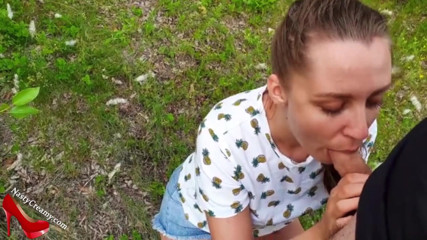 Nasty Creamy: Horny teen sucking dick stranger and oral creampie outside