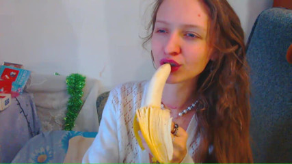 AnnaNotIdealAngel: Banana blowjob and red natural very long hair and blue...