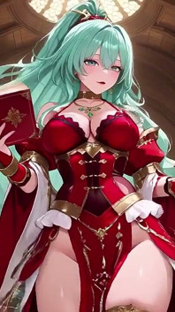 Golden Hall Fantasy! Ksatria berambut hijau dengan baju besi merah putih berlutut, menggoda dengan buku ajaib terapung - ilahi ketemu duniawi!