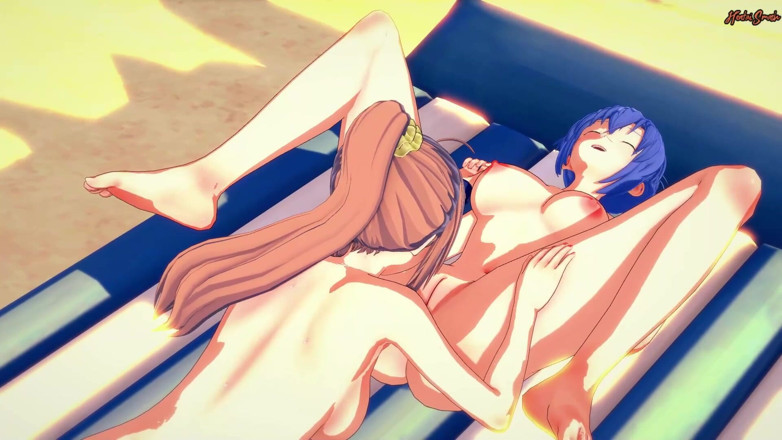 Hentai Smash: 桜楓と妹野夏鶴はビーチでレズビアンセックスをしています-Kampfer変態