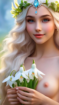 Ai Artistik Wanita Bogel Cantik Memegang Snowdrop Dengan Perhiasan Berlian Putih Arktik