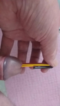 Stepdaddy Stands on the Toilet and Plays with His Penis but a Pen