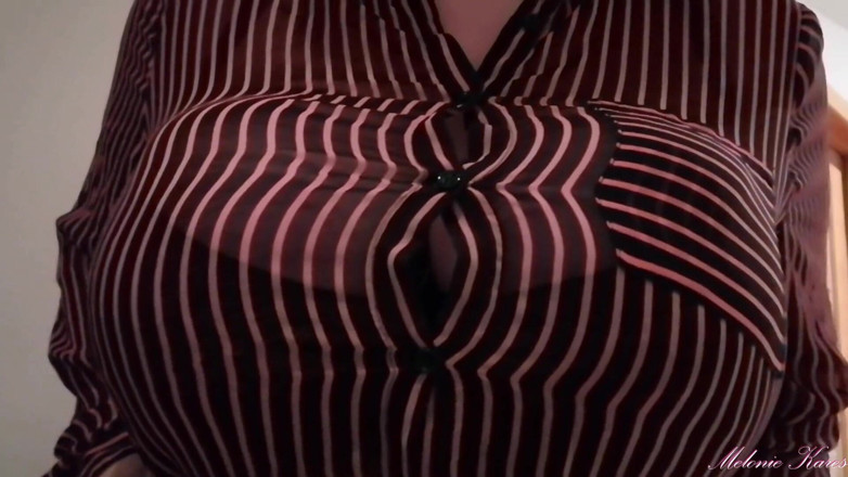 Melonie Kares: Black bra blouse big boobs bounce POV