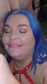 Fat Sluts with Blue Hair Love Kneeling in Front of Hard Cock Dudes