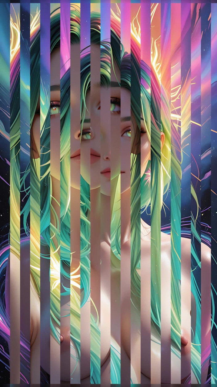 VelvetInk Studio: Kosmisches Neon-schönheitsbildnis mit lichtigen Augen, traumhafter fantasie, ai kunst-diashow