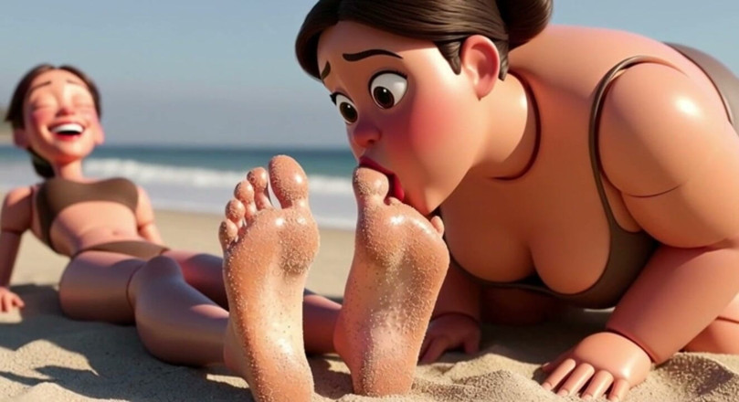 YOUR BEST FANTASY: Dicke Frau Leckt Sandige Füße Eines Dünnen Mädchens - Strand-demütigung
