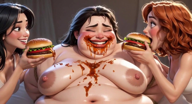 Anime Hentai: Zwaarlijvige lelijke slaaf bedekt met eten - vernederd door prachtige meesteressen