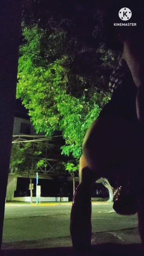 Traviezisha: 娘娘腔荡妇在街边的户外用假阳具自慰她的屁股，汽车经过