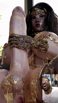 Big Breast Long Hard Cock Futa Strokes Herself off and Shoots Pure Golden Cum All Over the Place