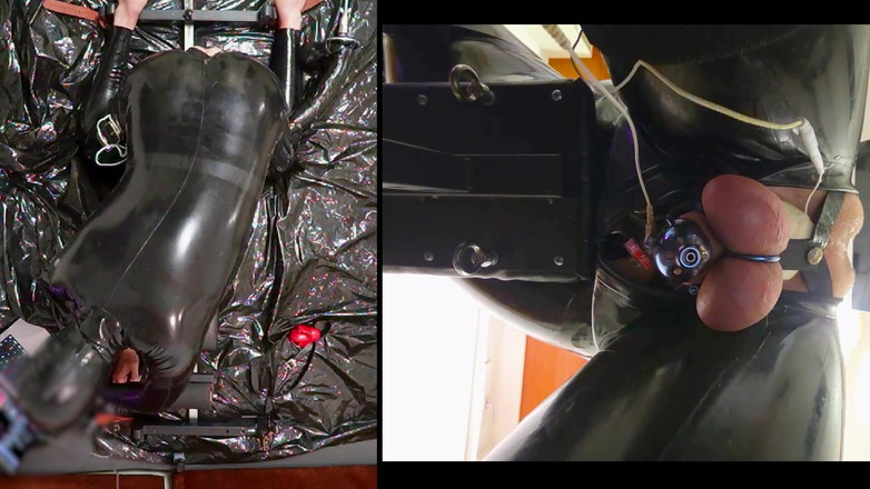 Chastitybeltboy: Séance au pilori avec combinaison en latex, pa chasteté, géant...