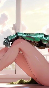 폐허 침실에서 게으른 오후, 그녀가 흐릿한 모습으로 당신을 응시하는 동안 그녀의 기계 팔은 부드러운 피부를 괴롭히는.