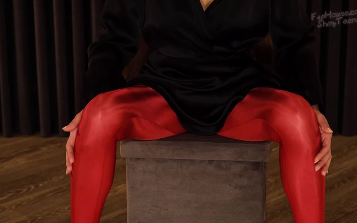 Shiny teens: 896 Shiny Red Pantyhose and Black Silk Dress