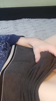 Fingering Her Soft Cock, Protruding Balls From Her Panties