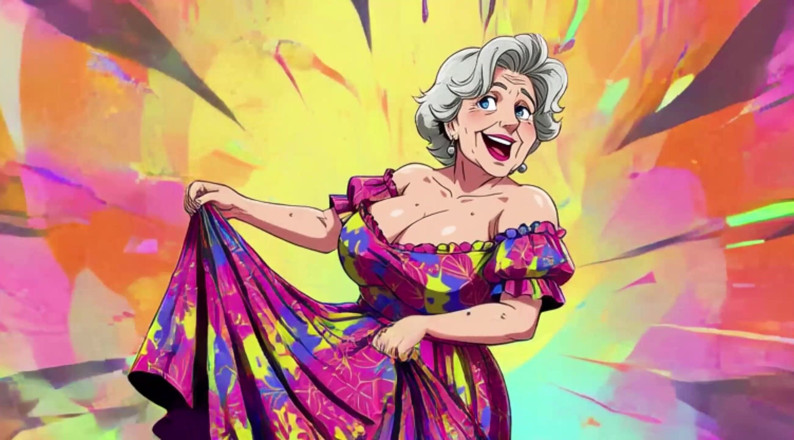 Huge Boobs: Nenek bertetek besar menari animasi