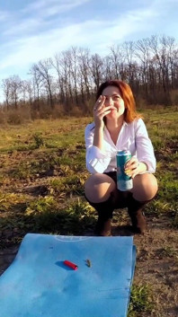 Skinny Readhead Smoking and Laughing Outdoor While Touching Her Pussy Trough Pantyhose