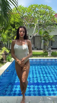 Outdoor Yoga Tree Pose & Tease in See-through Bodysuit in the Pool