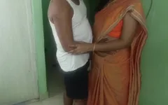 Married Glamour Women Orange Saree Standing Position Romance