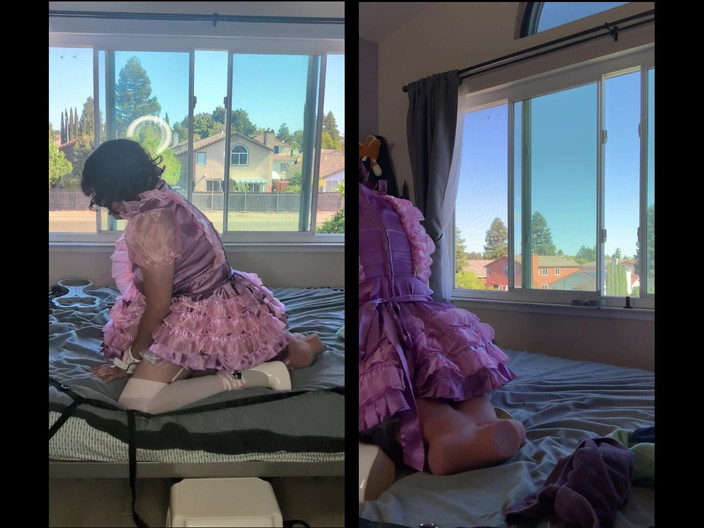 Sissy Candy: La cameriera sissy rosa di raso cavalca il giocattolo della...