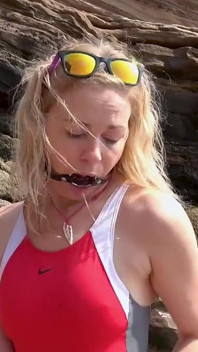 Gagged on the Beach Dripping and Drooling Down My Swimsuit