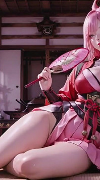 Crimson Samurai! Rosahaarige Kriegerin kniet auf tatami, hochschlitziger Kimono rutscht ab, um schneeige Schenkel zu offenbaren.