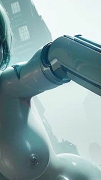 Nue dans un monde futuriste rempli de robots