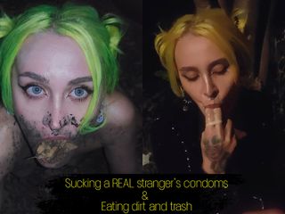 Forest whore: Chupando los condones de un verdadero extraño comiendo basura y...