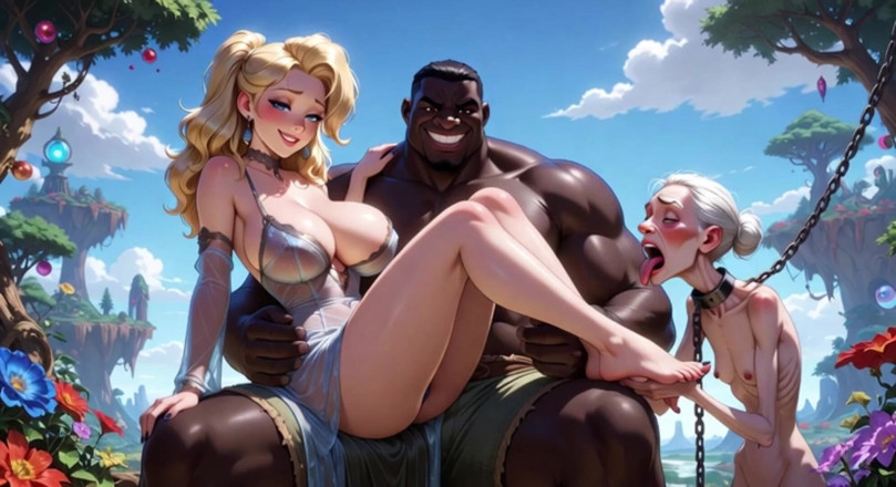 Anime Hentai: 老婆が屈辱を味わい、若い女性の足を舐めている - 筋肉質な黒い牛の膝の上に座っている
