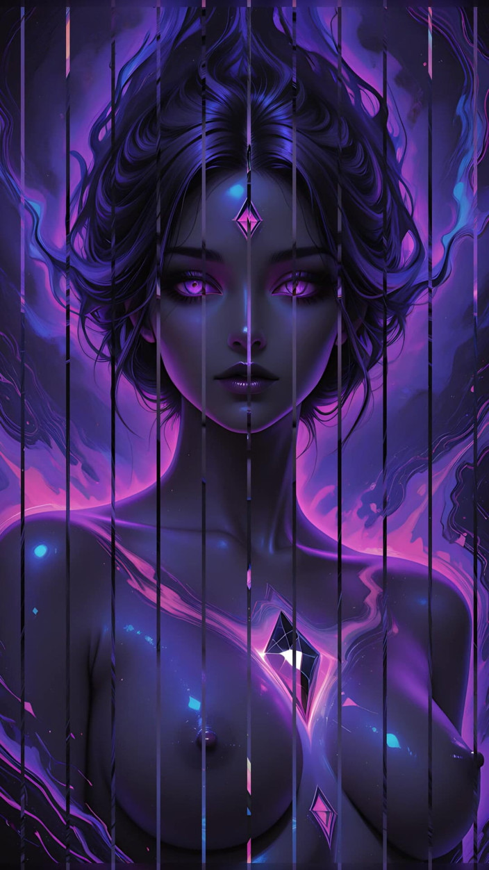 VelvetInk Studio: Dea cosmica mystic con incandescente viola occhi fantasia scura ai...