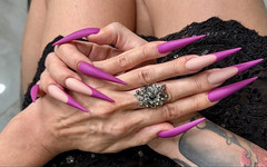 Julia domaina: New Purple Color Long Nails, Sharp Stilettos, Palms, Long Fingers...