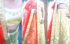 Indian Gay Crossdresser Bottom Gaurisisy Feeling Horny and Pressing and Playing with Her Big Boobs in Golden Lehanga