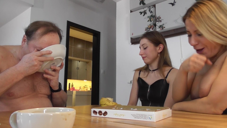 Dirty male dom, femdom, spanking and pegging vids: Disgusting Slave Eats Spitted Food by Two Gorgeous Mistresses