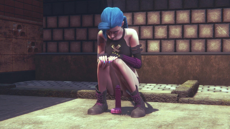 Waifu club 3D: Jinx found a pink dildo on the street and rides...
