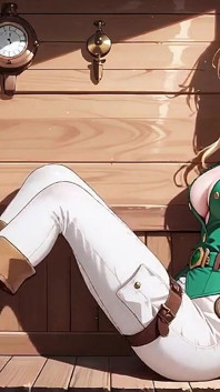 Capitano biondo pirata! Uniforme verde e corde ruvide su un ponte soleggiato. Pose languida, lunghe gambe esposte e lo sguardo provocante