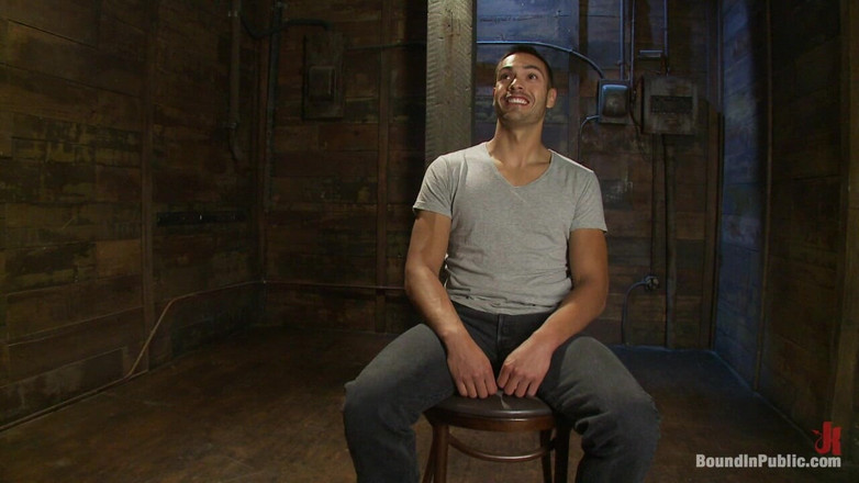 Bound in public: Blindfolded Stud Sucks Strangers Cocks at a Party