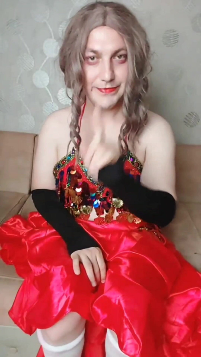 Kitty_Cross: Belly Dancer Femboy in Red Seductive Dress