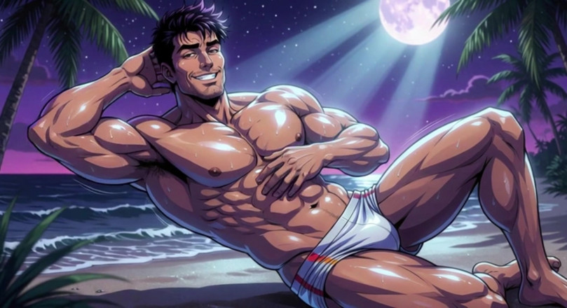 Erotic Man: Ai musculosa en la playa
