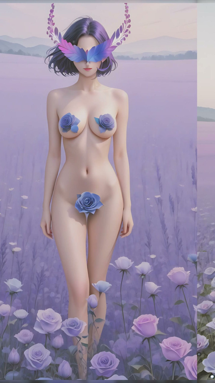 LustRender: Musa desnuda entre blooms de lavanda y rosas