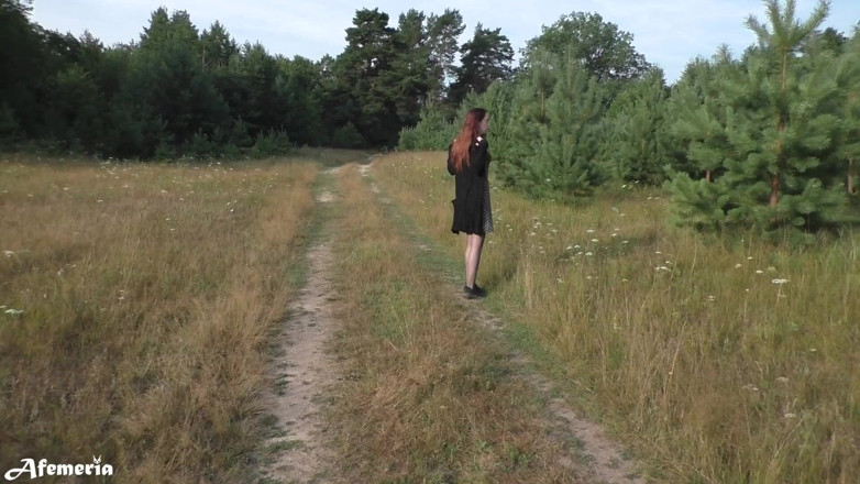 Afemeria: Lustful brunette undresses in the woods and walks naked
