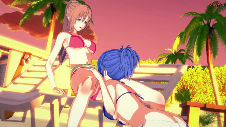 Hentai Smash: 桜楓と妹野夏鶴はビーチでレズビアンセックスをしています-Kampfer変態