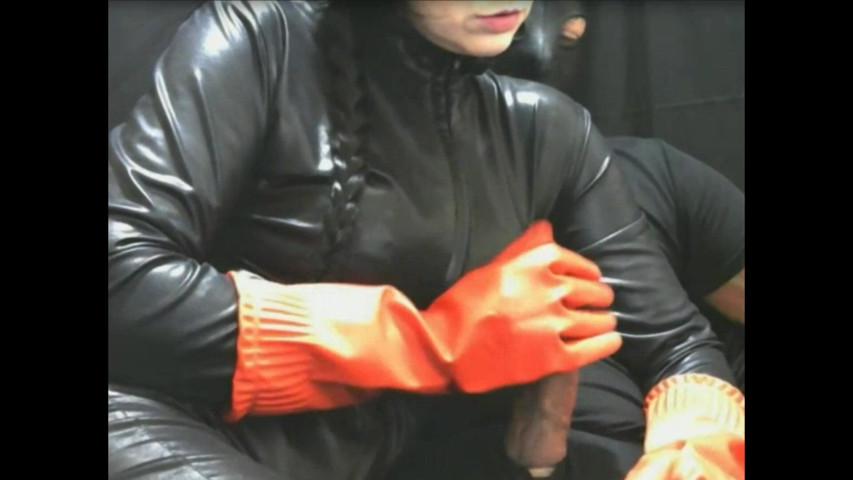 Smoking Wife in Red Rubber Gloves Jerking Cumshot (The flying milk wife handjob)