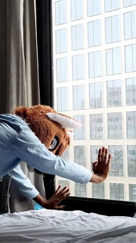 Bareback Femboy Furry Fursuit Fuck in Front of Window