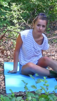 Sexy Babe Wearing Shorts and Rubber Boots Undress in the Forest and Play with Herself