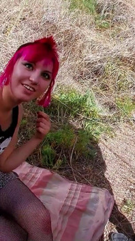 Pink head punk skinny teen banged by toned strangers at a lost place
