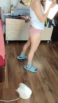 Sexy Brunette Having Fun Trying on Clothes. Sexy Stepmom Dances Naked Around the House.