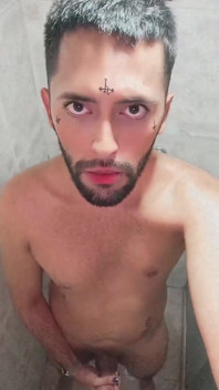Son of Lilith jerking his big uncut cock and eating his own cum