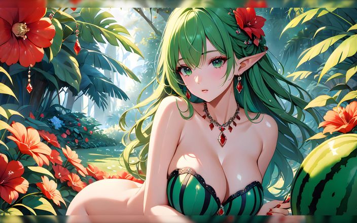 AI Girls: Vollbusiges nacktes elfenmädchen mit wassermelone